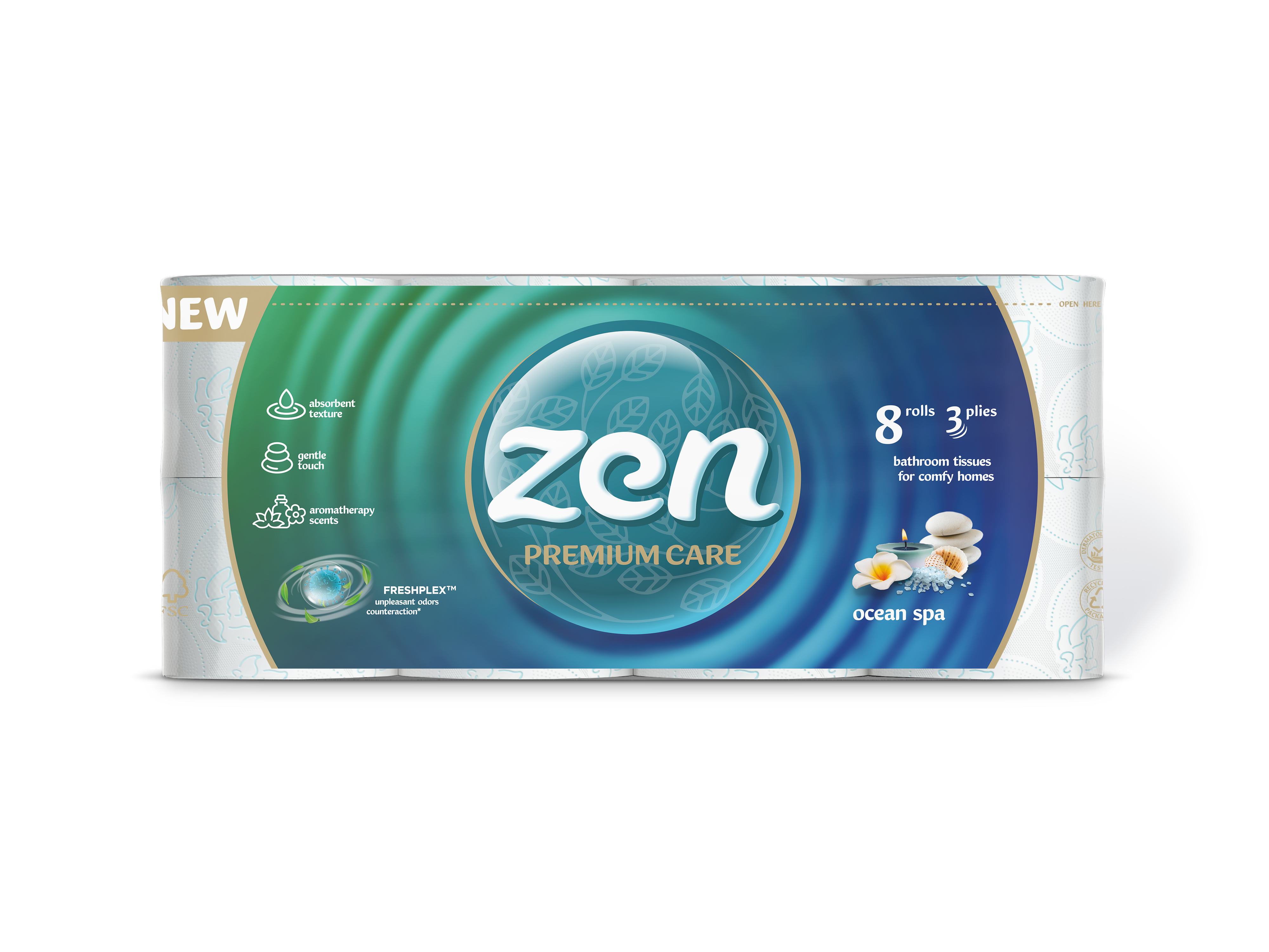 TOILET PAPER ZEN-PREMIUM CARE OCEAN SPA 3-PLY, 8 ROLLS, 145 SHEETS - 19M