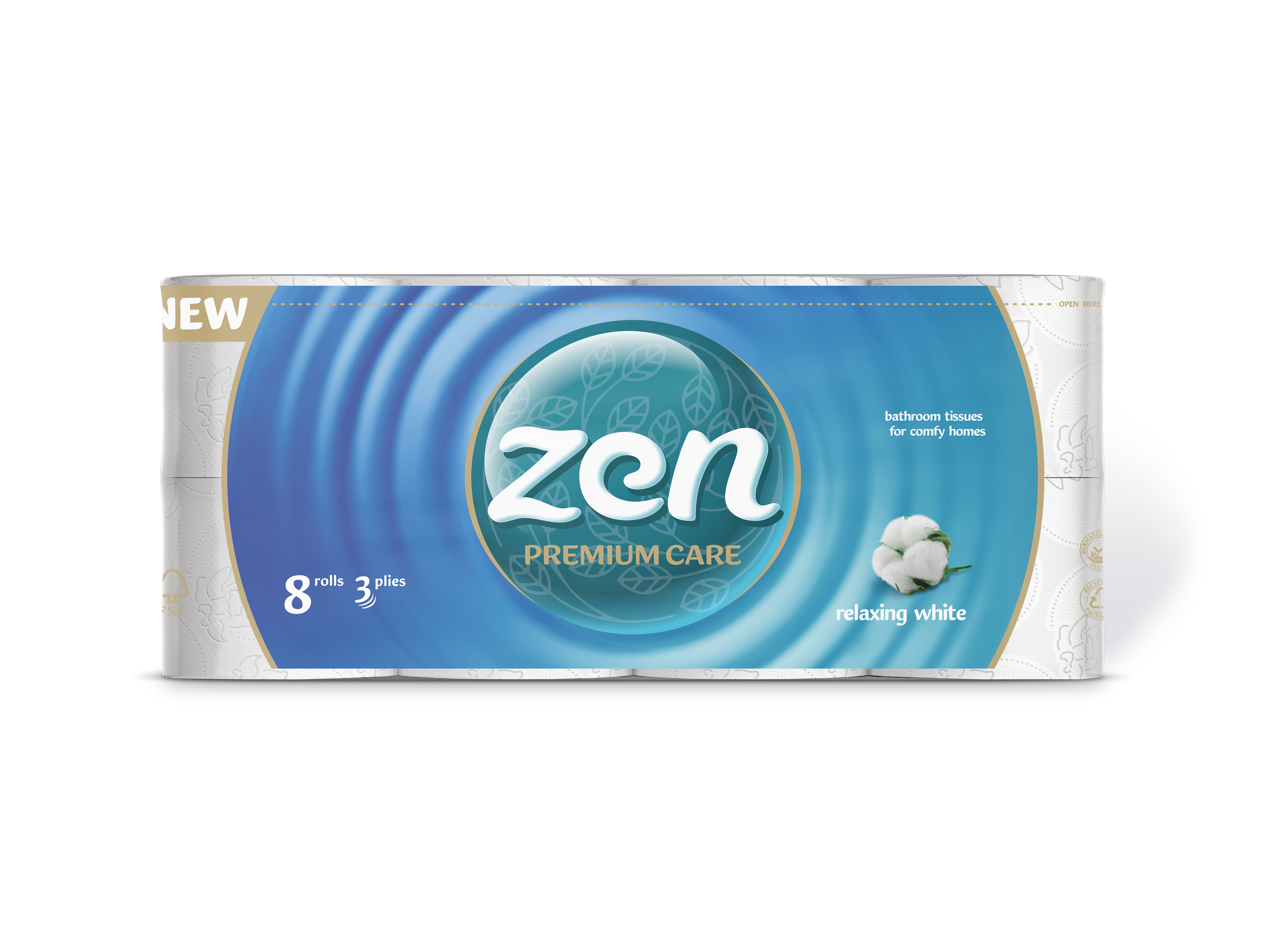 TOILET PAPER ZEN RELAXING WHITE 3-PLY, 8 ROLLS, 145 SHEETS - 19M